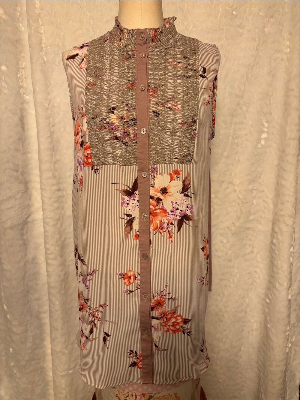 Mystree Floral Striped Smocked Button Front Tunic Top Size L